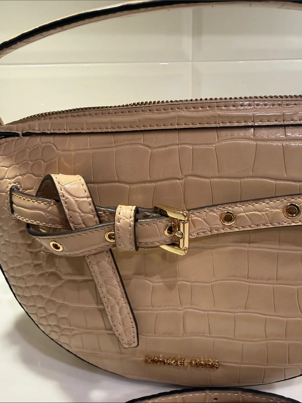 Michael Kors Croc-Embossed Mini Shoulder Bag in Beige with Gold Hardware